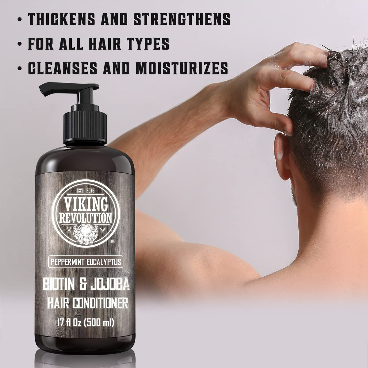 Viking Revolution Biotin conditioner bottle on shelf with color-safe formula