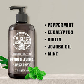 Viking Revolution Biotin Mens Shampoo label close-up showing premium ingredients