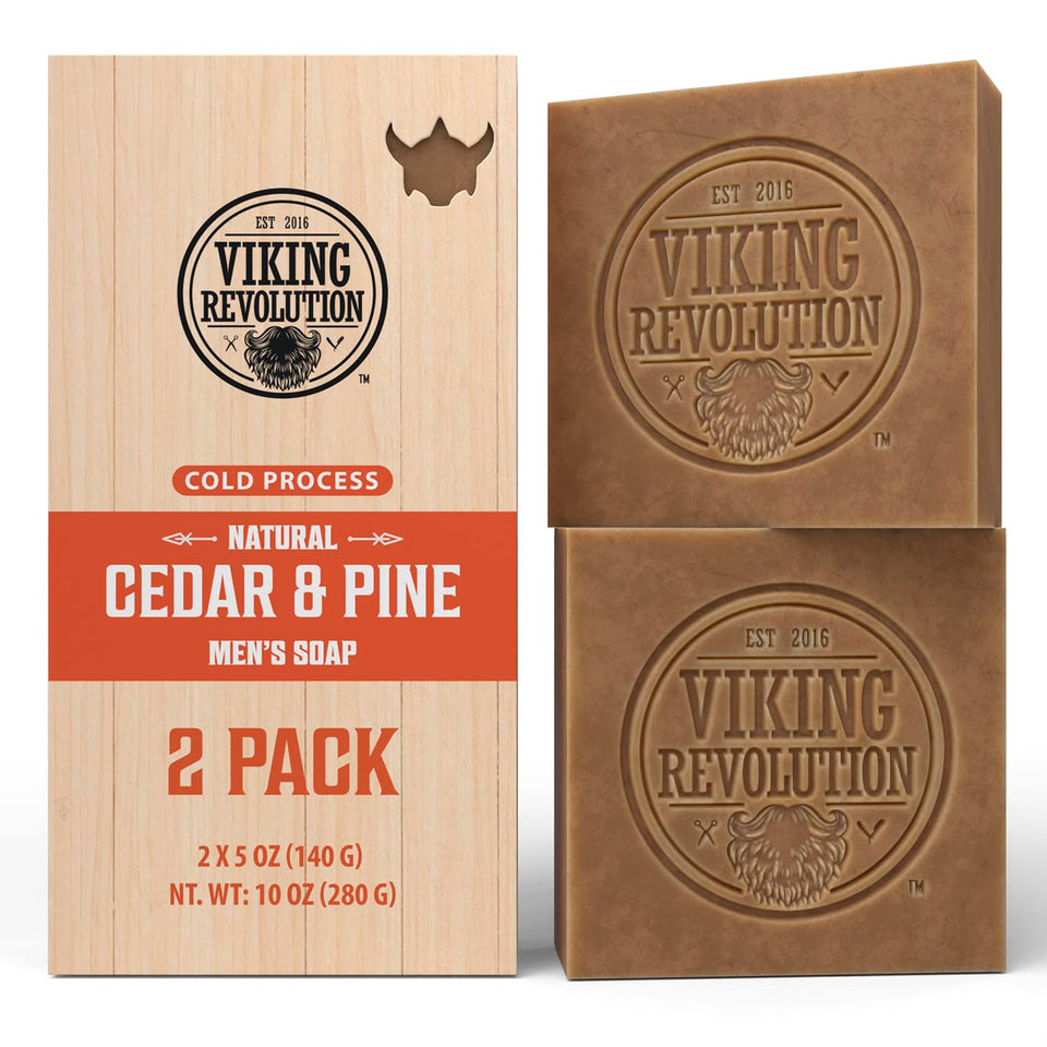 Viking Revolution cedarwood pine soap bar close-up with rich lather for daily cleansing.