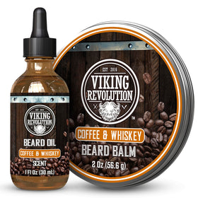 Viking Revolution coffee beard oil bottle demonstrates skin moisture and beard softness.