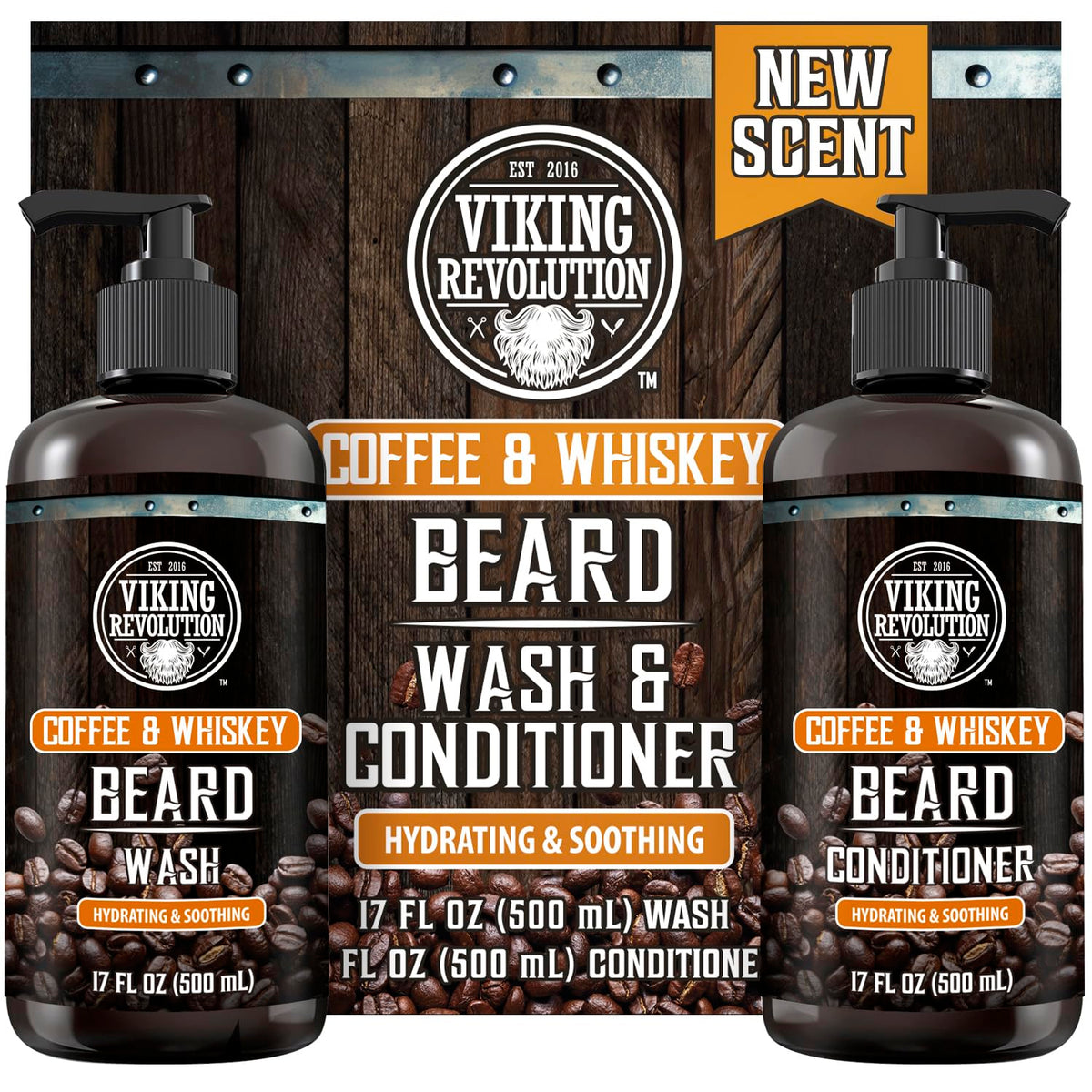 Viking Revolution Coffee Whiskey Beard Wash bottle showing rugged cleansing action and bold scent