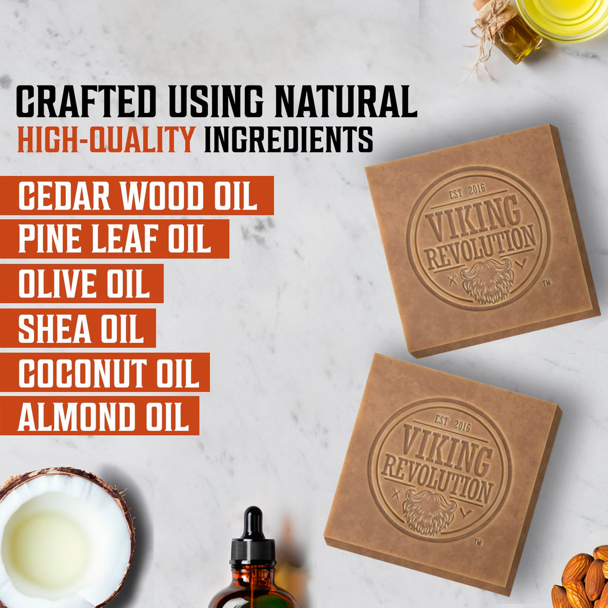 Viking Revolution cold-pressed soap highlighting natural oils for nourished skin.