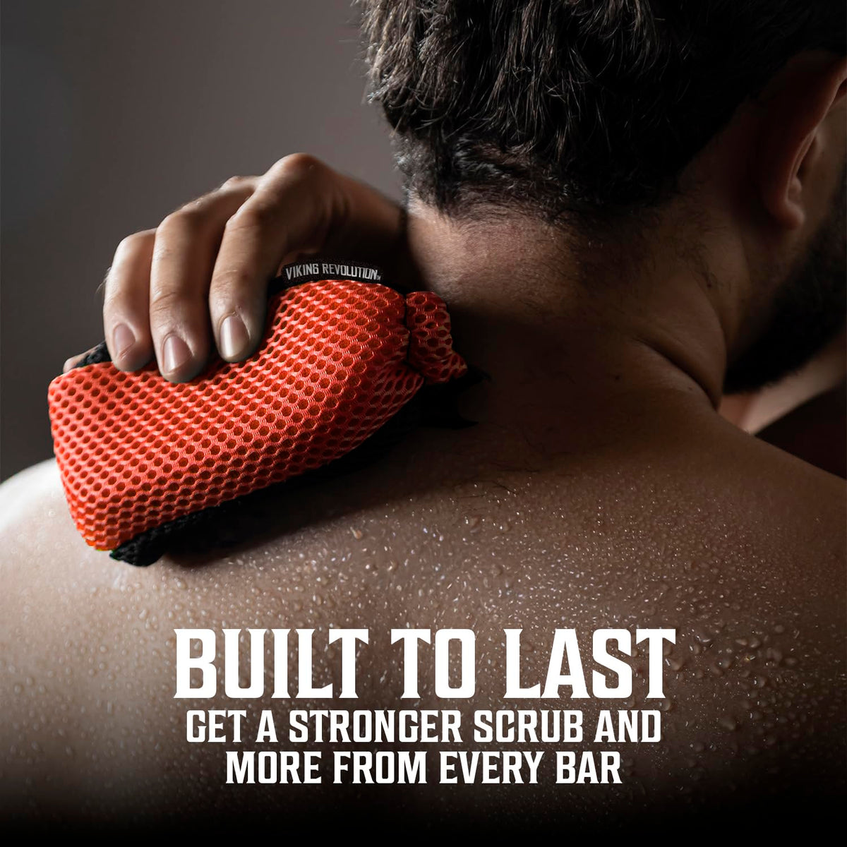 Viking Revolution exfoliating body scrubber, red mesh, enhances skin feel during showers