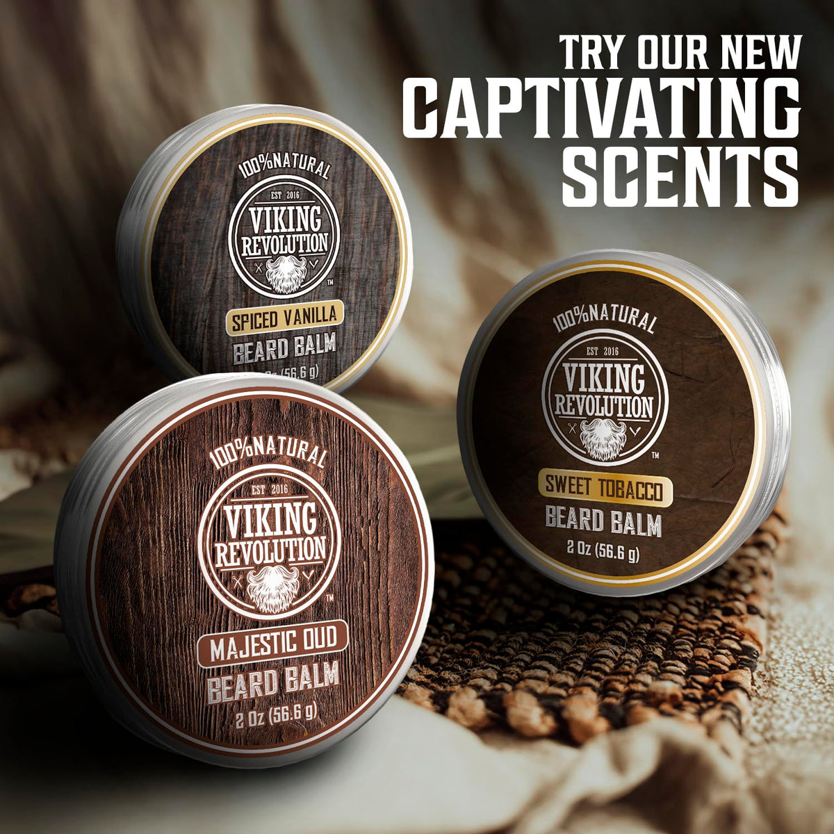 Gift-ready Viking Revolution beard balm packaging highlighting premium care for men