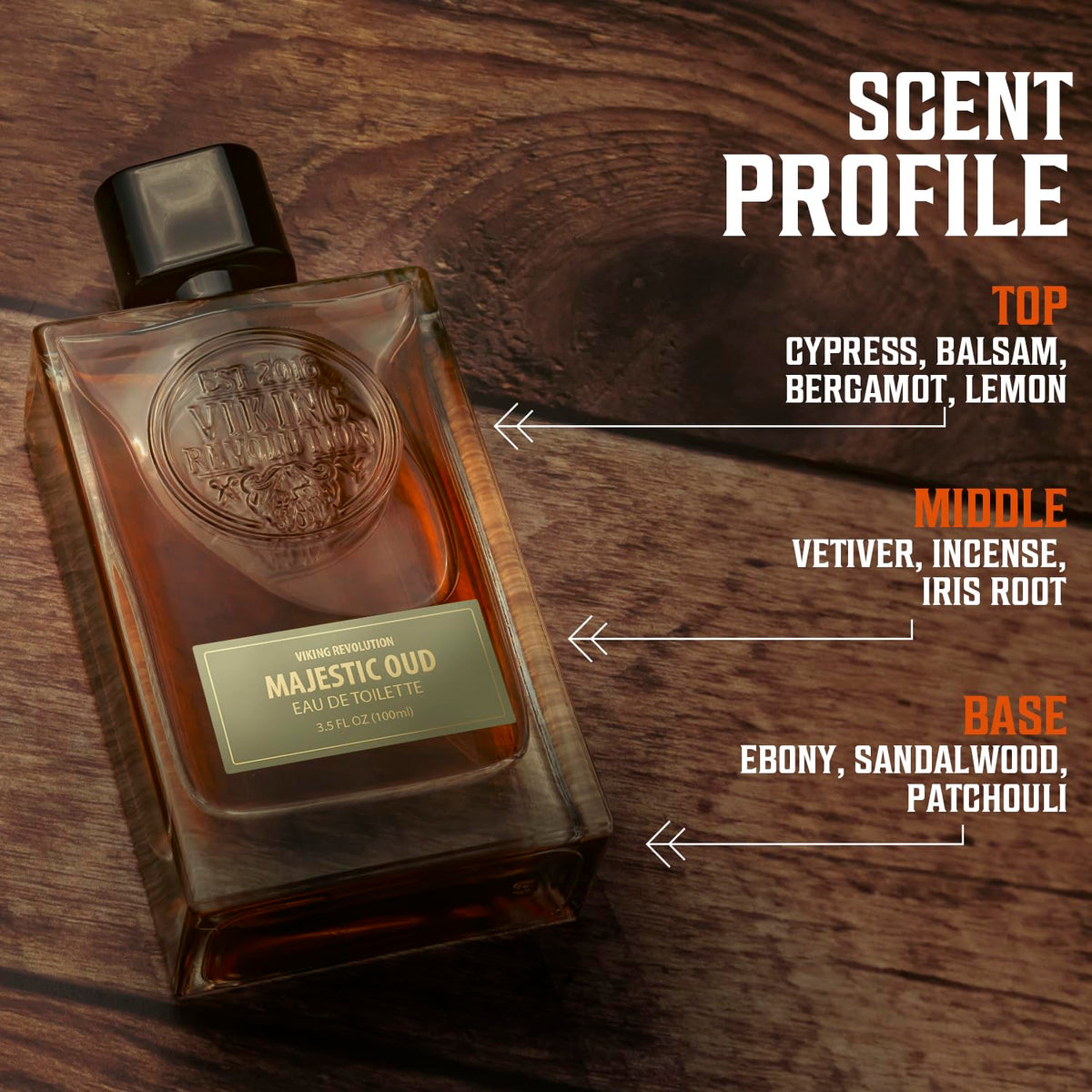 Close-up of Viking Revolution Majestic Oud emphasizes cedar and incense elements