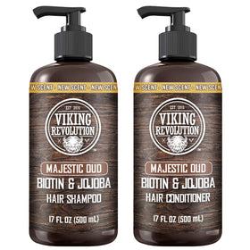 Viking Revolution Majestic Oud shampoo bottle showing nourishing daily cleansing benefits