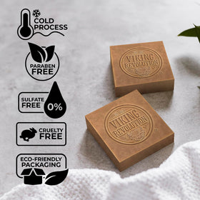 Viking Revolution men’s soap bar with essential oils for a woody scent.