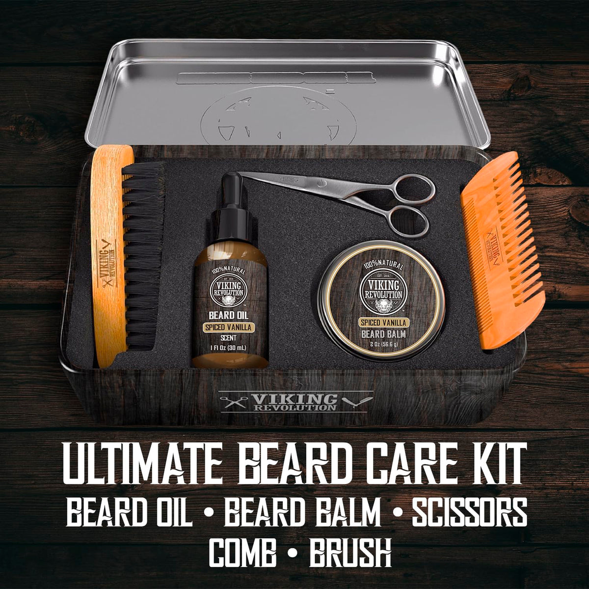 Viking Revolution metal gift tin keeps tools organized and travel-ready.
