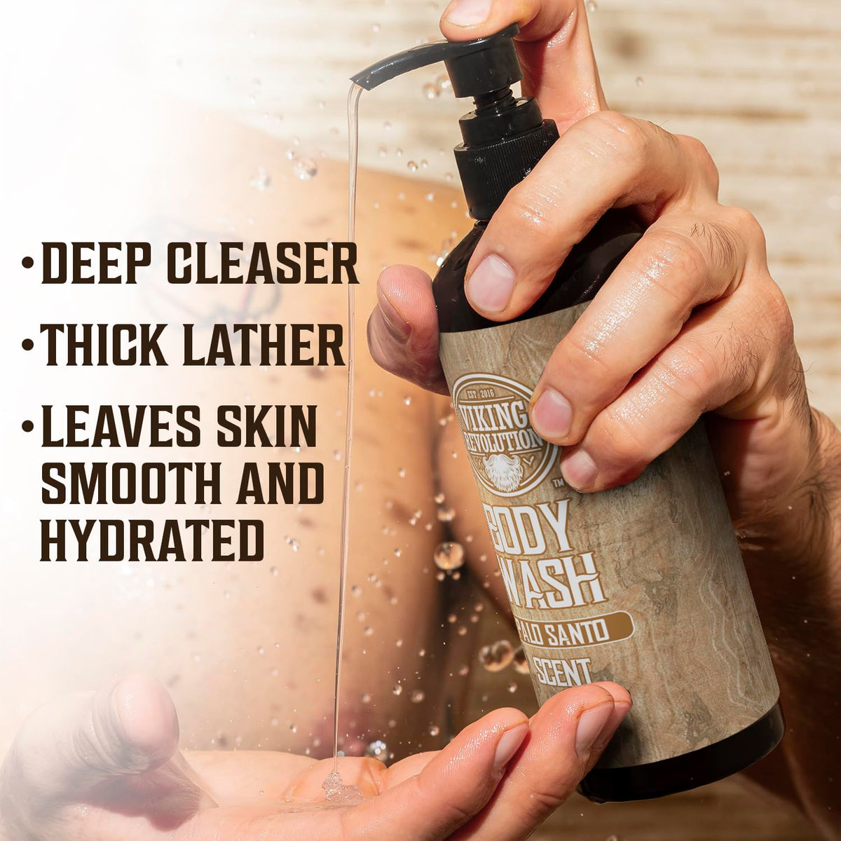 Viking Revolution Palo Santo Body Wash rich lather in the shower