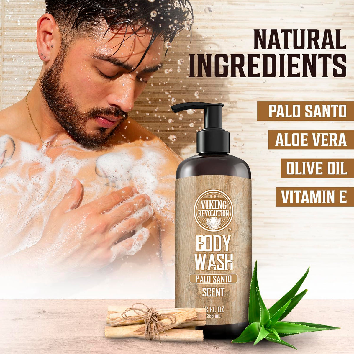 Viking Revolution Palo Santo Body Wash pump dispenser for tidy, quick usage