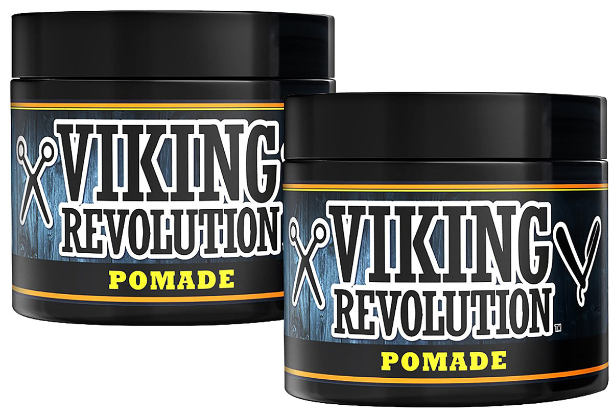 Viking Revolution pomade jar front view showcasing firm hold and high shine.