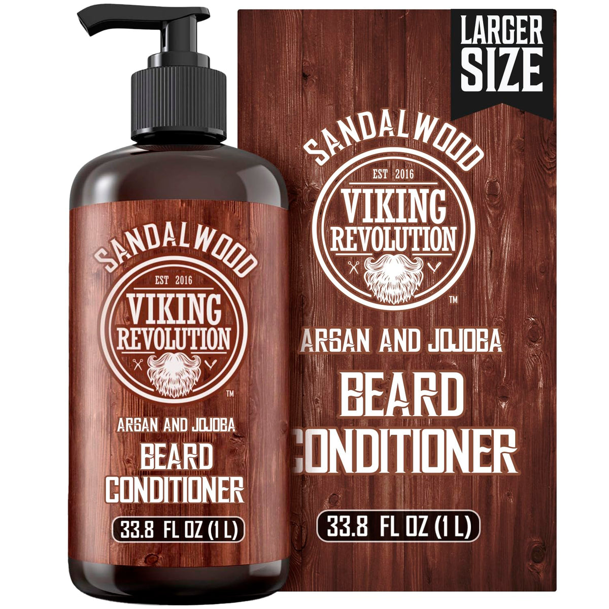 Viking Revolution sandalwood beard conditioner bottle for convenient daily conditioning.