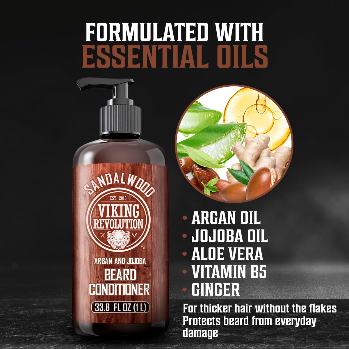 Pouring sandalwood beard conditioner to demonstrate easy application.