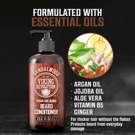 Pouring sandalwood beard conditioner to demonstrate easy application.