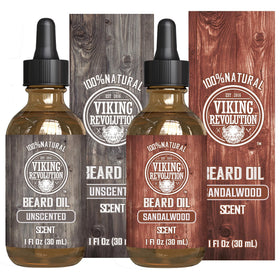 Viking Revolution sandalwood beard oil bottle for smooth, manageable facial hair.