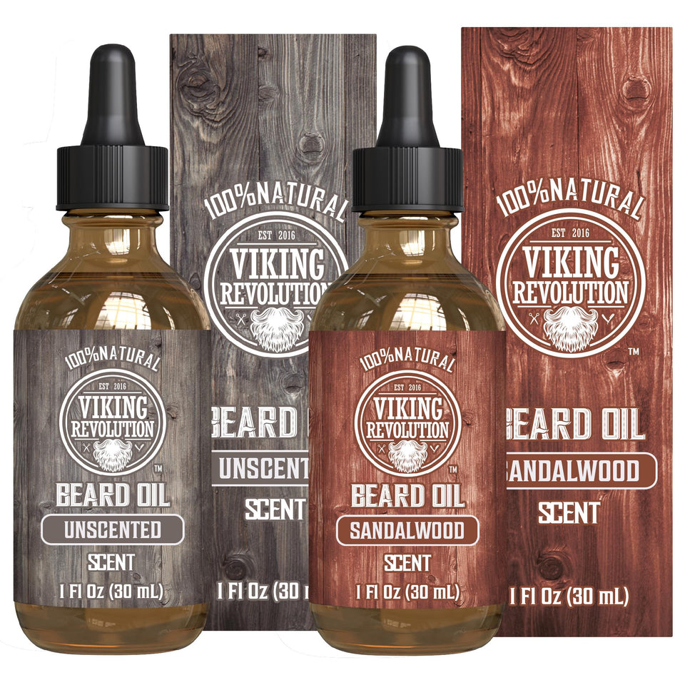 Viking Revolution sandalwood beard oil bottle for smooth, manageable facial hair.