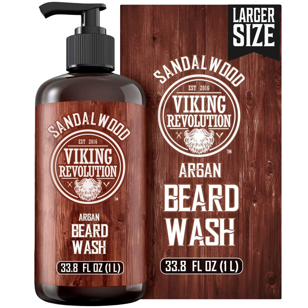 Viking Revolution sandalwood beard wash bottle for daily cleansing and conditioning