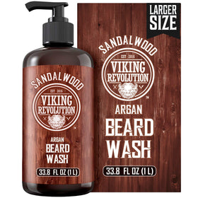 Viking Revolution sandalwood beard wash bottle for daily cleansing and conditioning