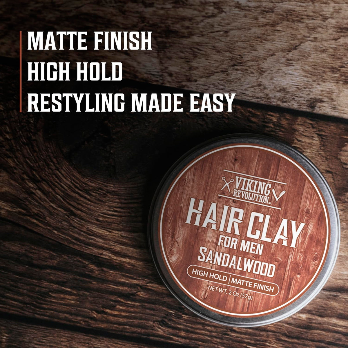 Viking Revolution Sandalwood Hair Clay bottle offers easy application for daily styling.