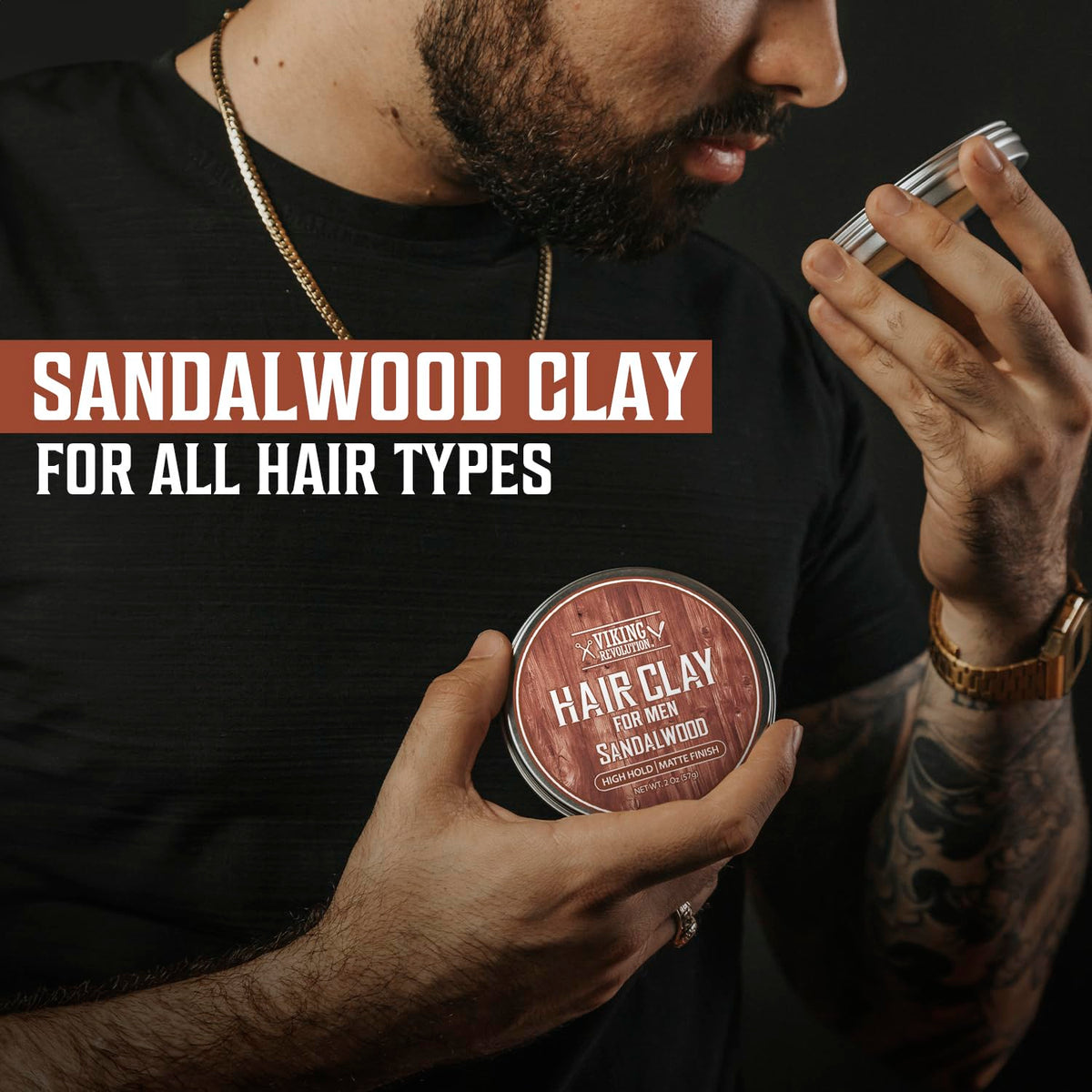 Viking Revolution Sandalwood Hair Clay jar close-up highlights matte texture and definition.