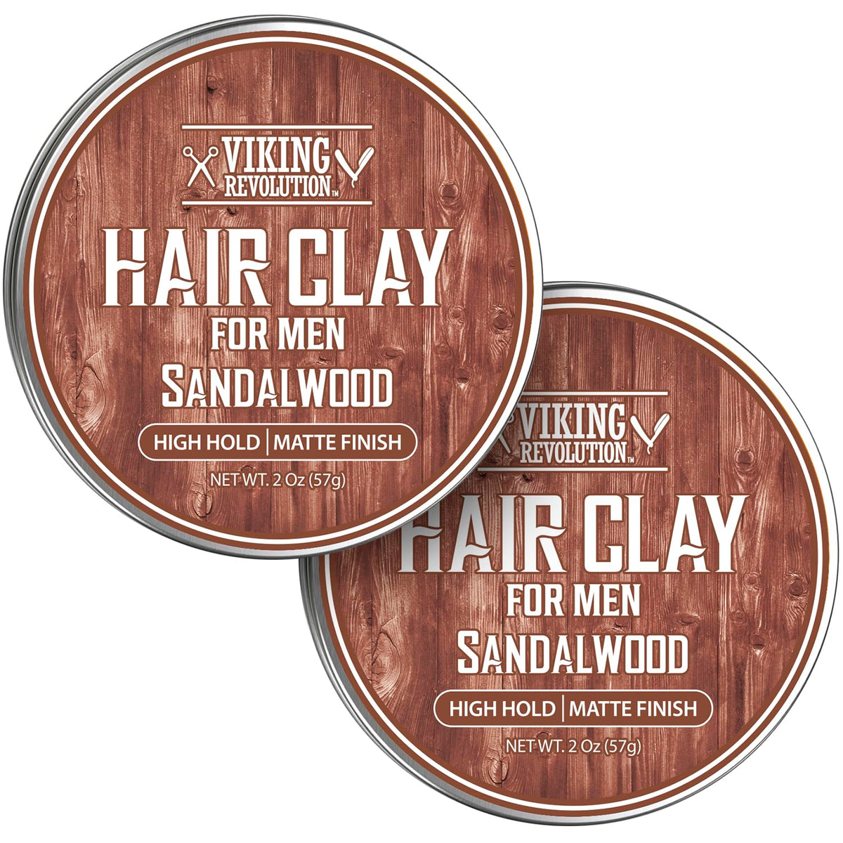 Viking Revolution Sandalwood Hair Clay pack demonstrates strong hold with a natural matte finish.