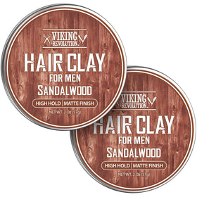 Viking Revolution Sandalwood Hair Clay pack demonstrates strong hold with a natural matte finish.