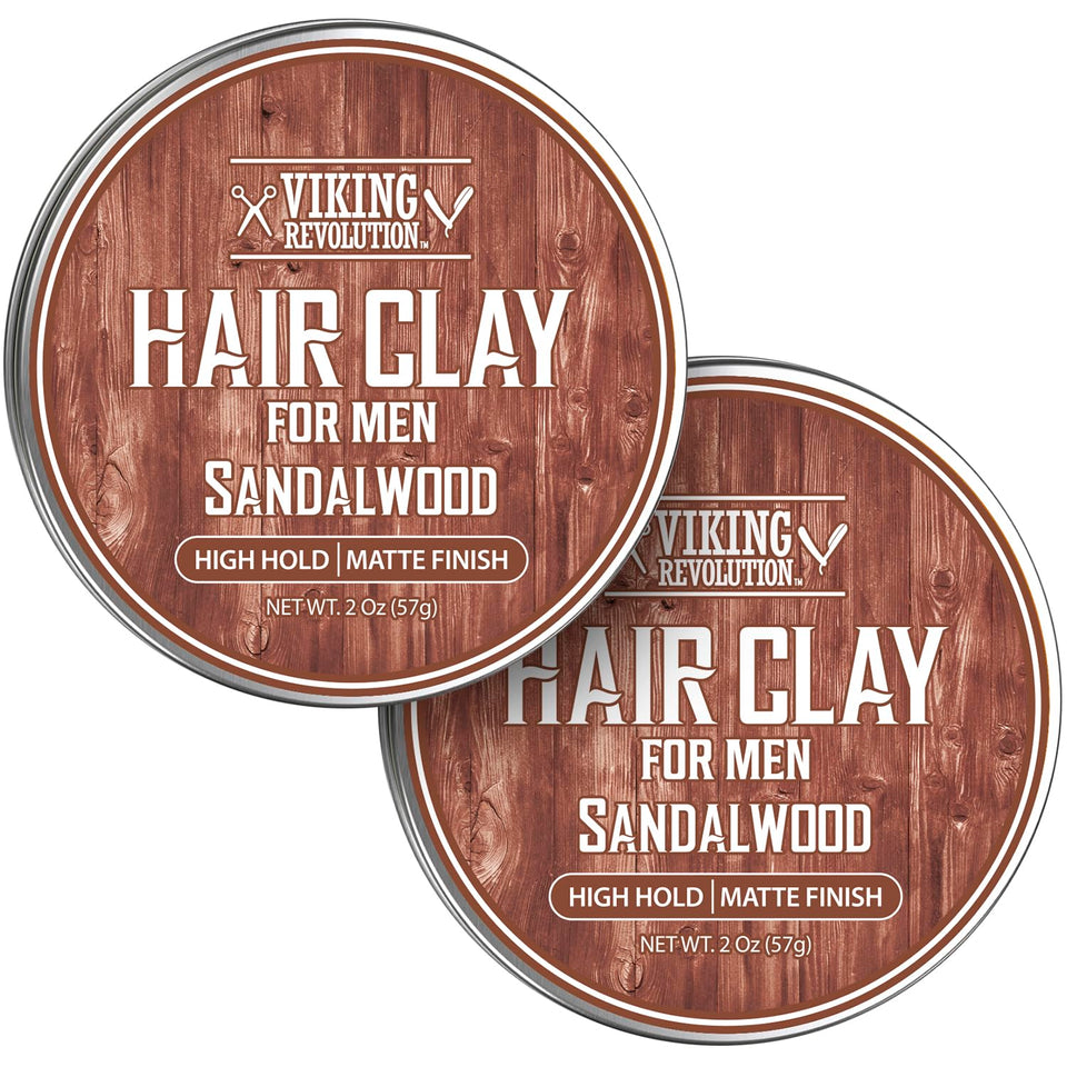 Viking Revolution Sandalwood Hair Clay pack demonstrates strong hold with a natural matte finish.
