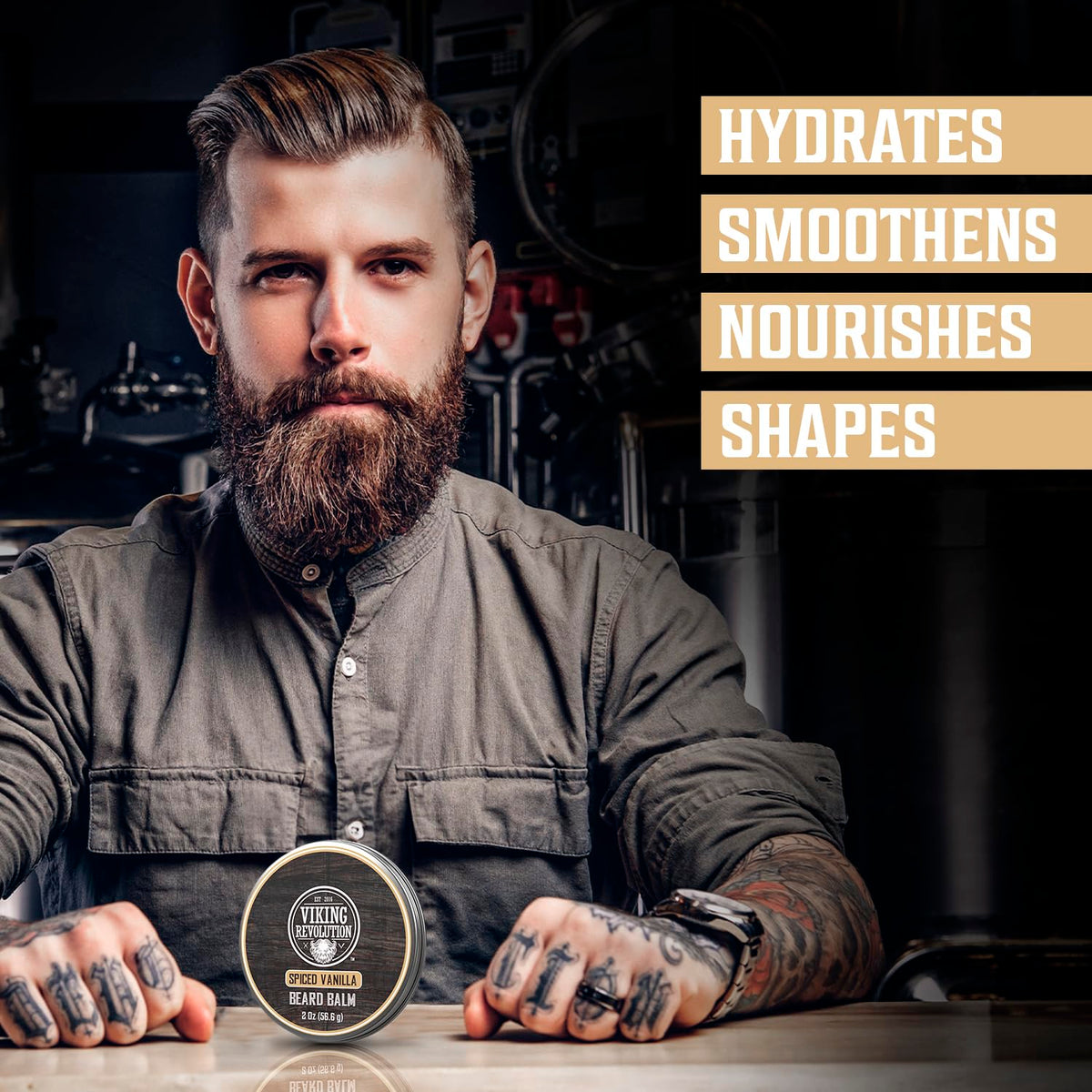 Viking Revolution beard balm jar close-up highlighting argan oil and beeswax for soft beard