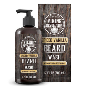 Viking Revolution Spiced Vanilla Beard Wash bottle showcasing premium formula for clean, refreshed skin.