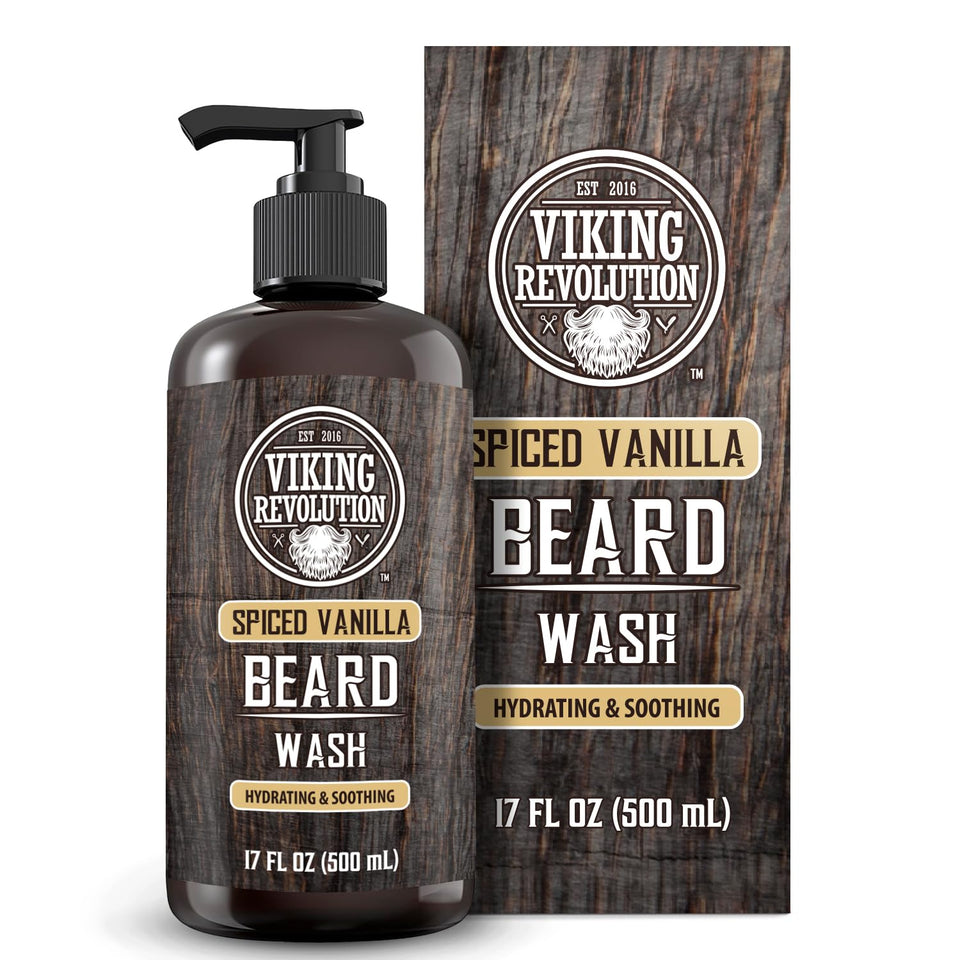Viking Revolution Spiced Vanilla Beard Wash bottle showcasing premium formula for clean, refreshed skin.