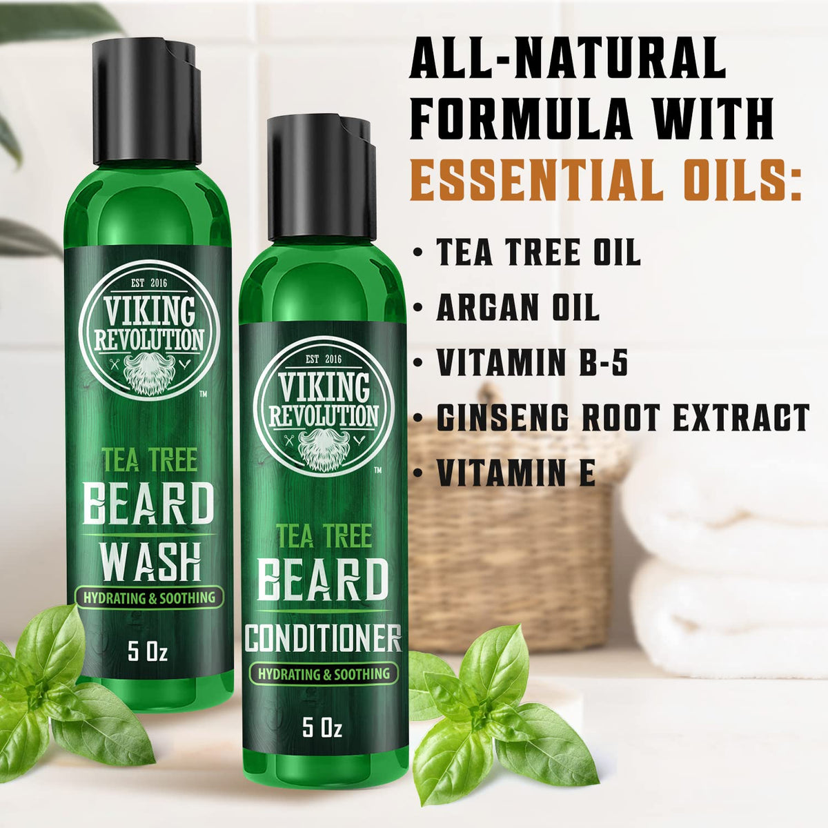 Viking Revolution Tea Tree Beard Conditioner tube, nourishes and softens beard fibers.