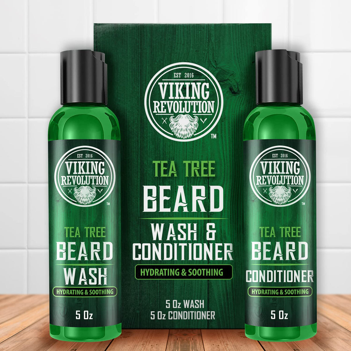 Viking Revolution Tea Tree Beard Set packaging, premium grooming gift for men.