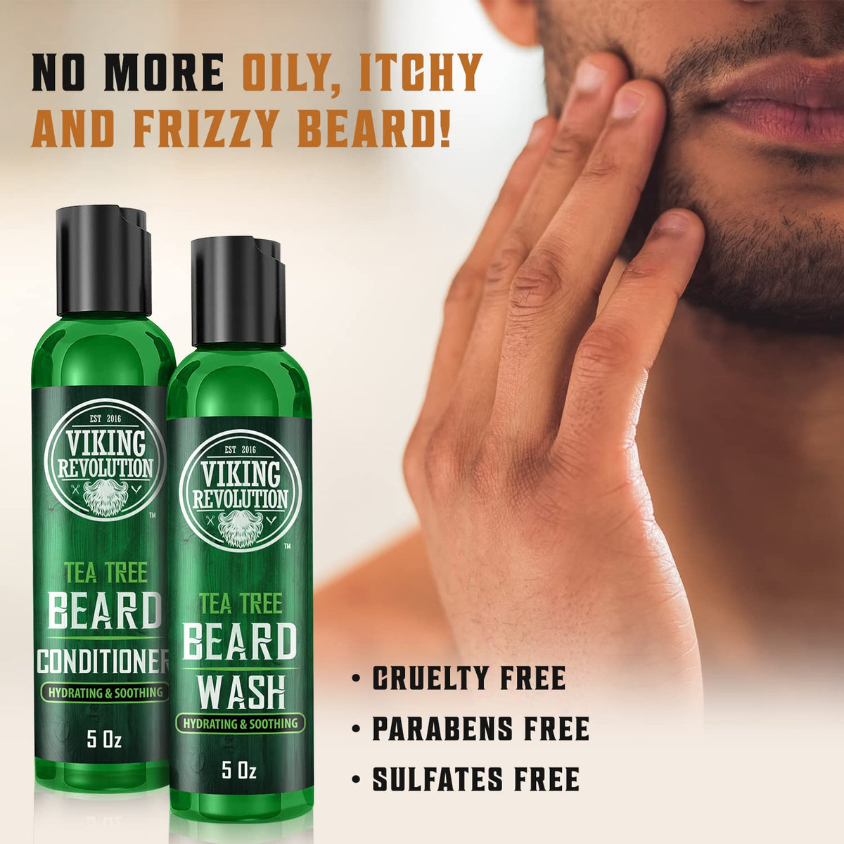 Viking Revolution Tea Tree Beard Wash foamy lather, deep cleansing with tea tree oil.