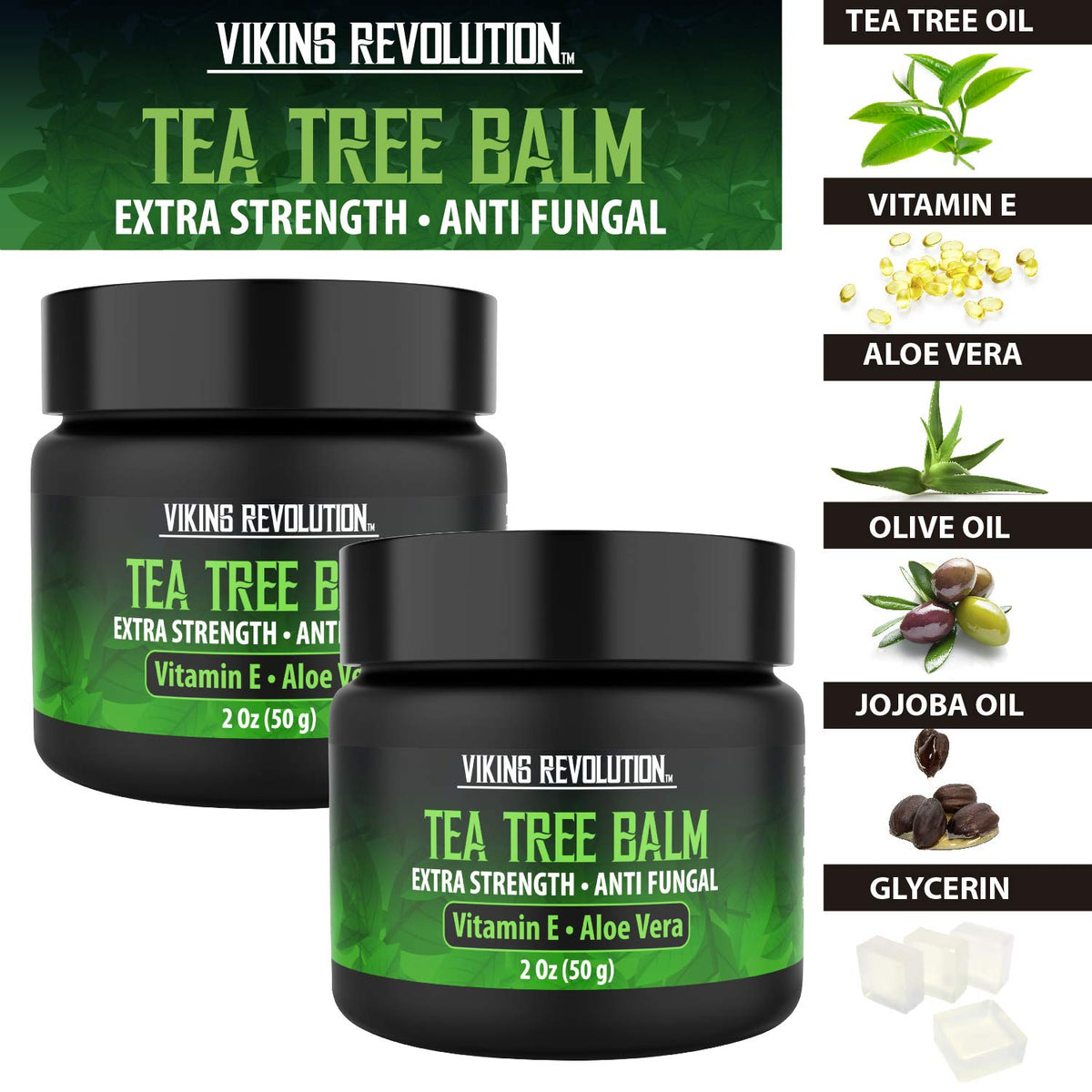 Viking Revolution Tea Tree Oil Cream 2oz jar close-up, all-natural formula for moisturized skin