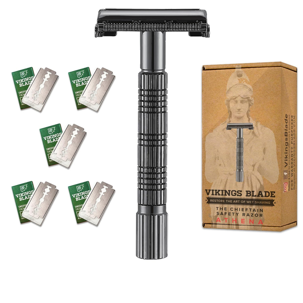 Vikings Blade Athena safety razor with quick-release head for a smooth shave.