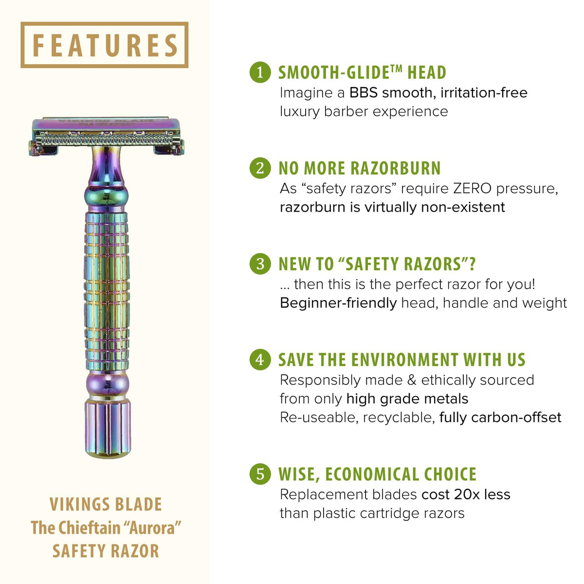 Five platinum-coated Swedish steel blades included for a smooth start with Vikings Blade Chieftain Aurora.