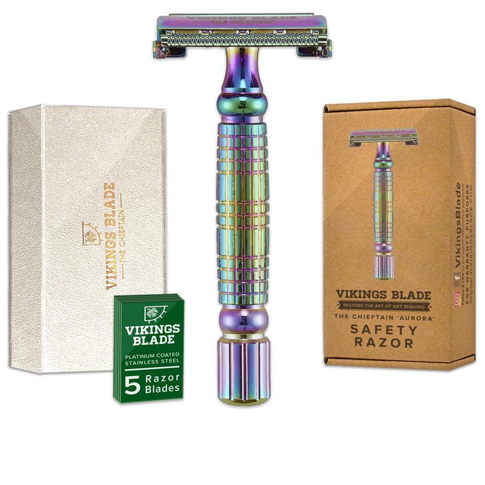 Vikings Blade Chieftain Aurora razor handle close-up for balanced, precise shaving.