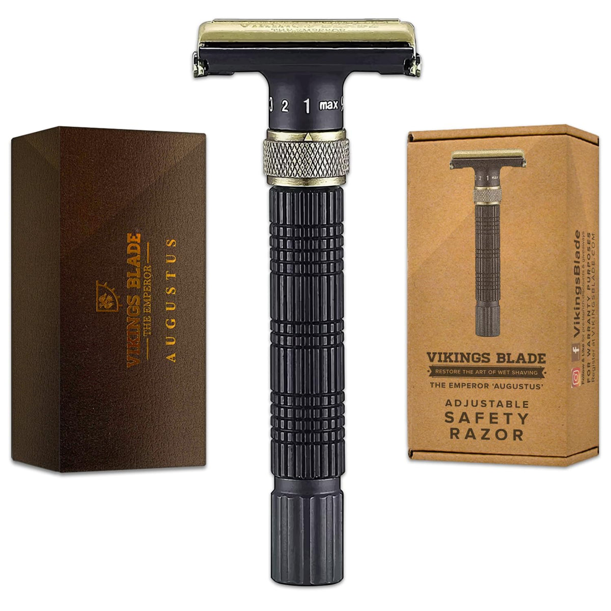 Vikings Blade The Emperor Augustus adjustable razor in hand for a close, comfortable shave.