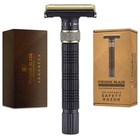 Vikings Blade The Emperor Augustus adjustable razor in hand for a close, comfortable shave.