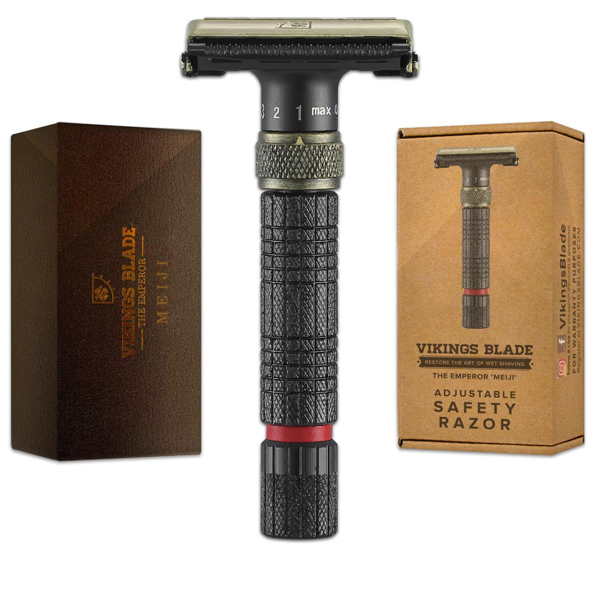 VIKINGS BLADE Emperor Meiji razor close-up showing adjustable head for precise control
