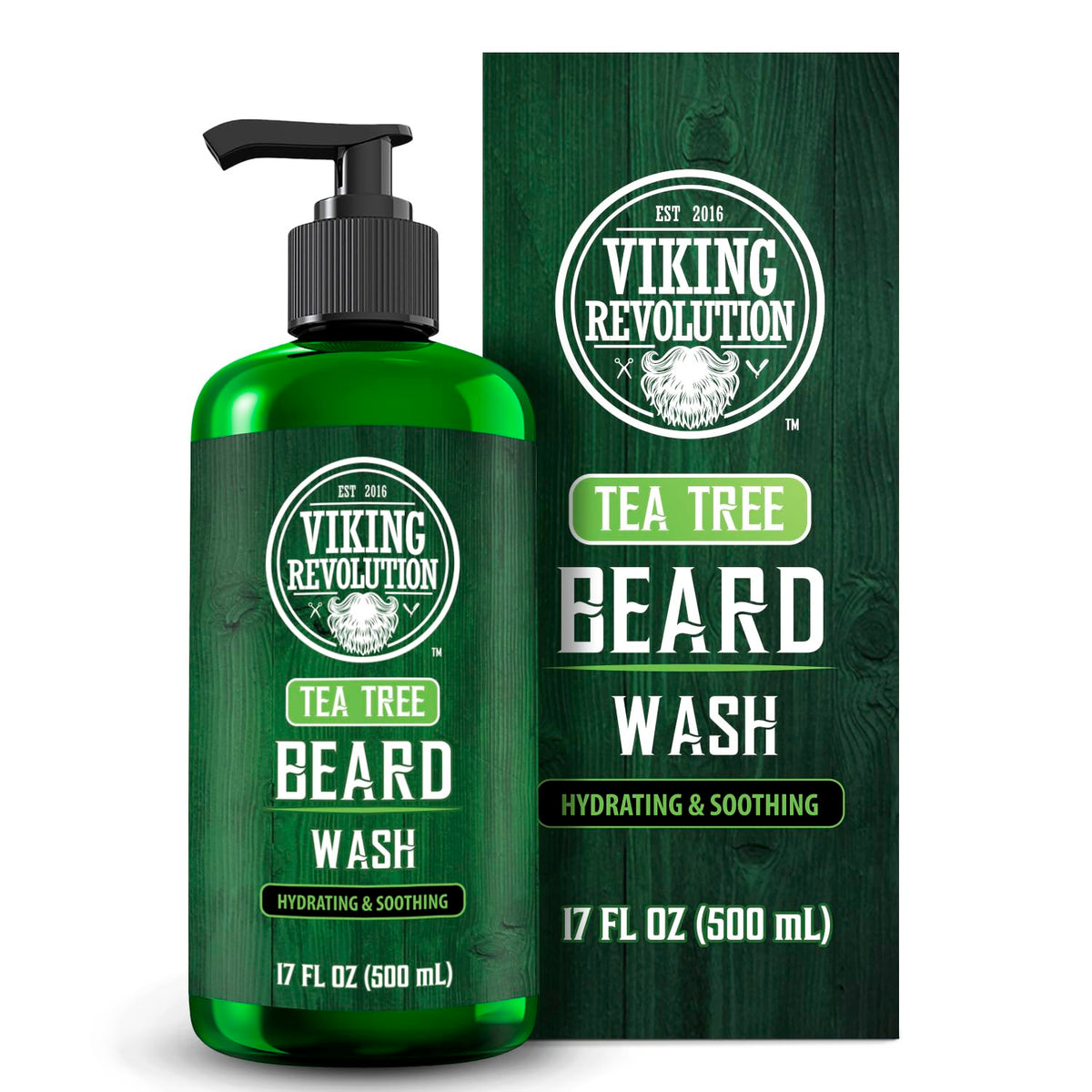 Viking Revolution Tea Tree Beard Wash bottle being poured for a fresh cleanse.