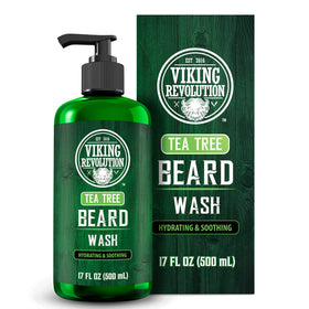 Viking Revolution Tea Tree Beard Wash bottle being poured for a fresh cleanse.