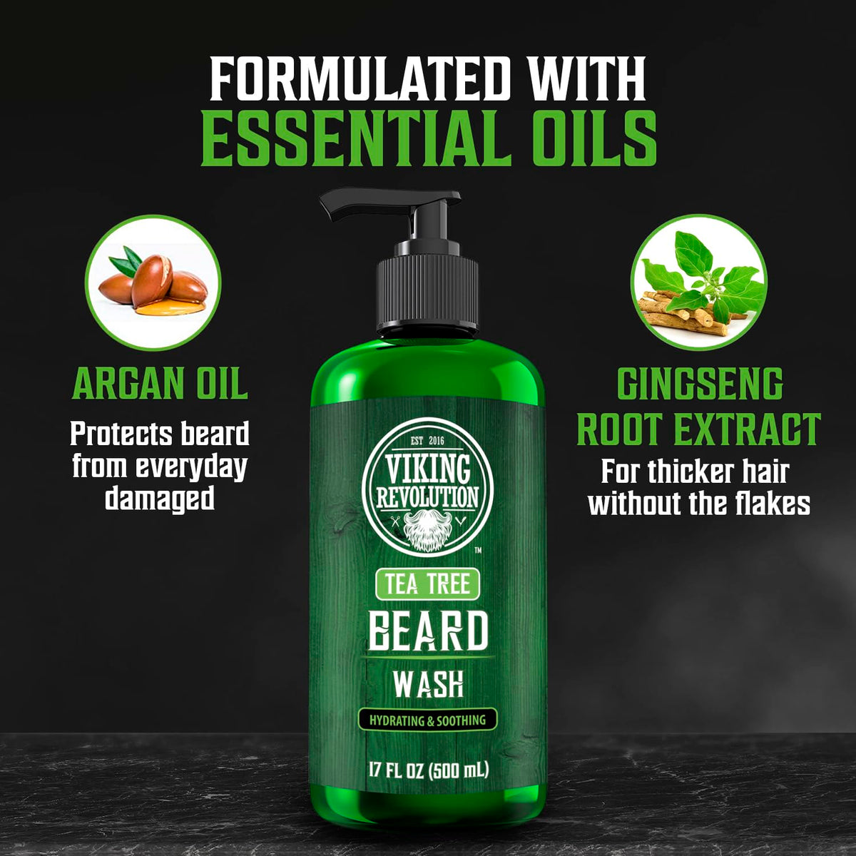 Viking Revolution Tea Tree Beard Wash with argan oil highlights nourishing ingredients for healthy beard.