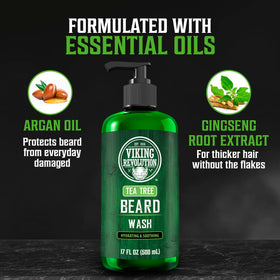 Viking Revolution Tea Tree Beard Wash with argan oil highlights nourishing ingredients for healthy beard.