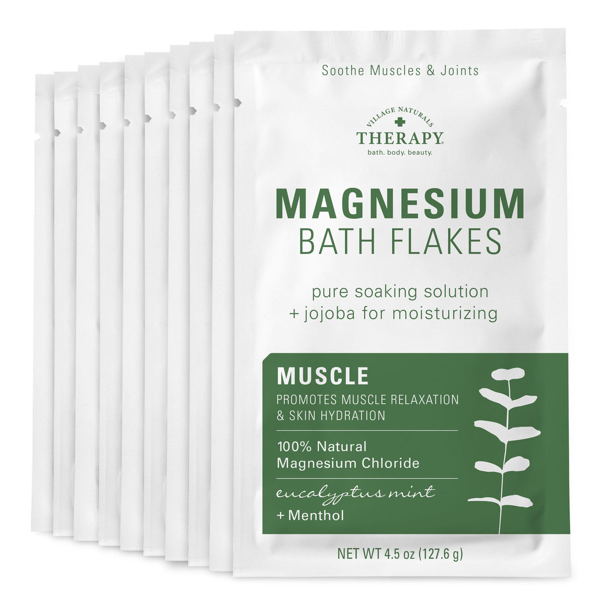 Village Naturals Therapy Muscle Magnesium Bath Flakes packaging with eucalyptus mint for soothing muscles