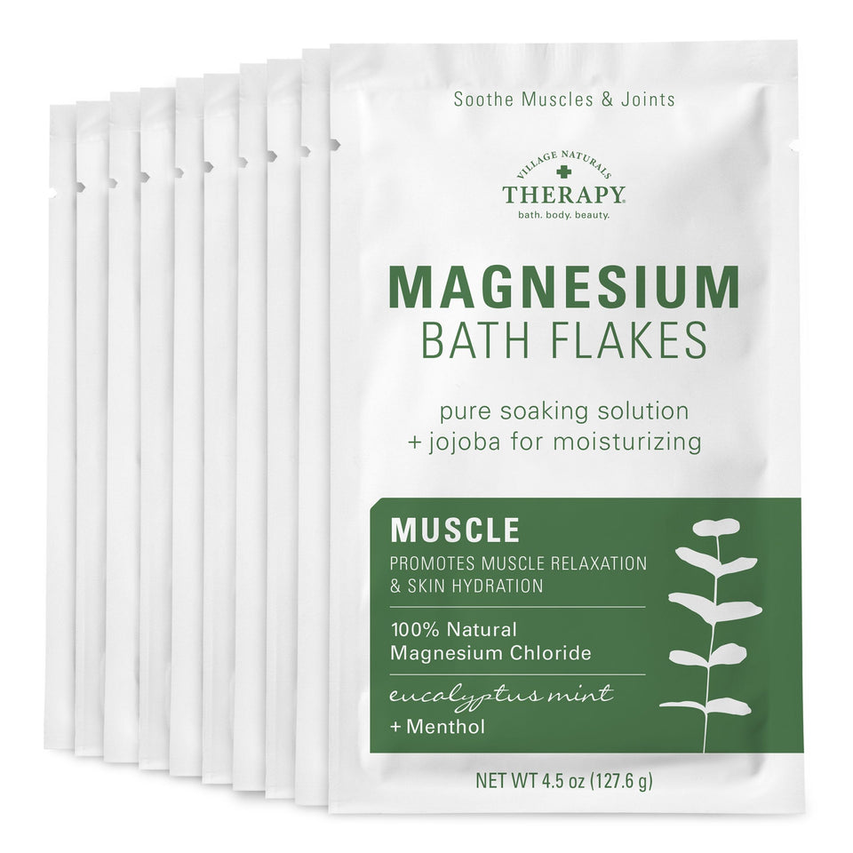 Village Naturals Therapy Muscle Magnesium Bath Flakes packaging with eucalyptus mint for soothing muscles