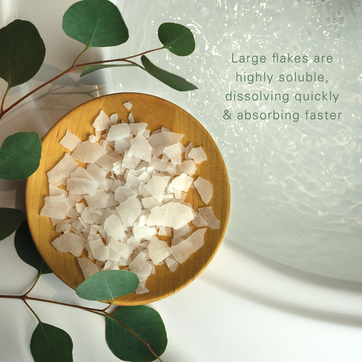 Flakes poured into the tub releasing refreshing eucalyptus mint scent