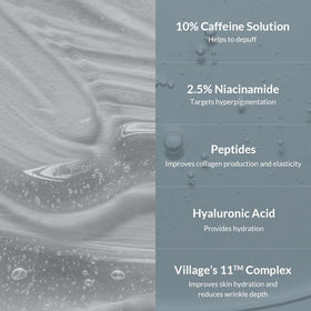 VILLAGE11FACTORY Hydro Boost Caffeine Eye Serum push-button dispenser shown for precise dosing