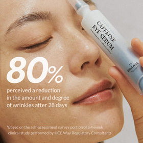 VILLAGE11FACTORY Hydro Boost Caffeine Eye Serum applied near the under-eye area for brightness