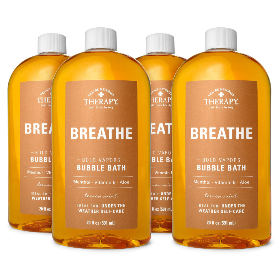 Village Naturals Therapy Breathe bottle with lemon mint bubbles promoting relaxation